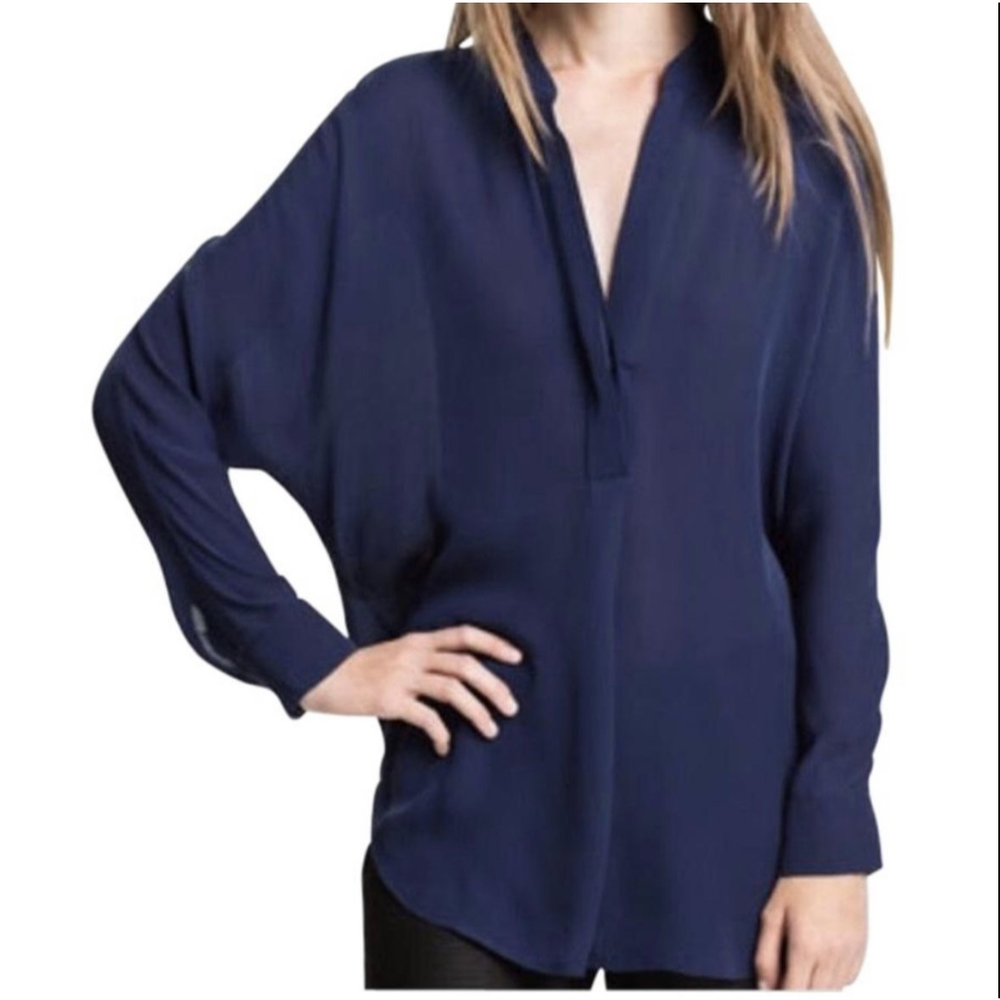 VINCE. Silk Banded Navy Collar Blouse